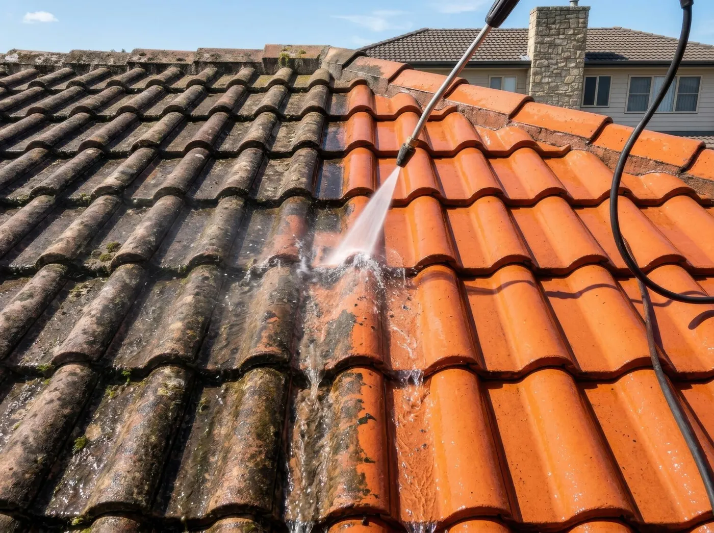 Soft washing a tile roof, algae stripping away to leave clean terracotta
