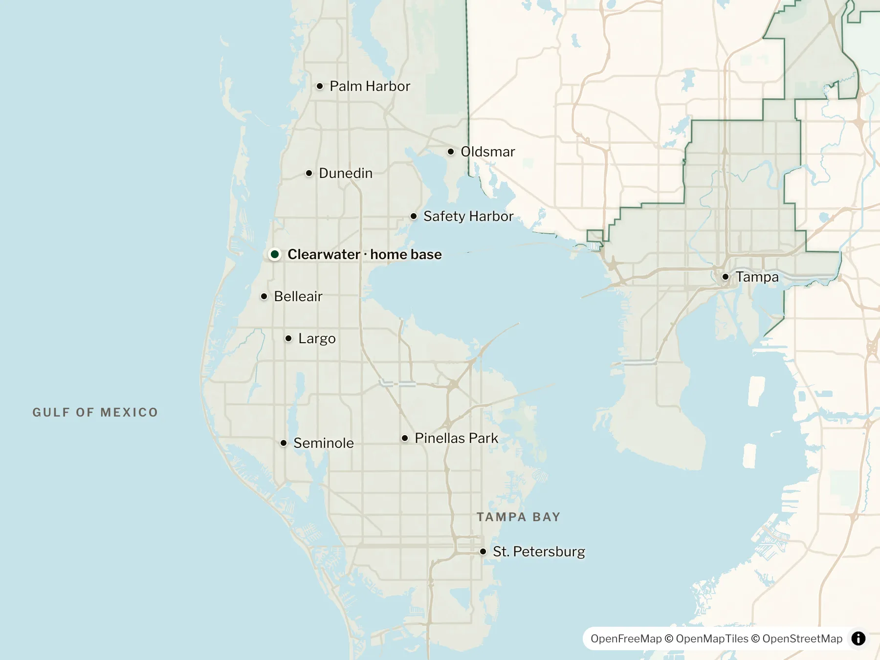 Map of the Southern Standard Wash Company service area across Pinellas County and Tampa Bay, covering Clearwater, Tampa, St. Petersburg, Largo, Palm Harbor, Dunedin, Safety Harbor, Belleair, Oldsmar, Seminole, Pinellas Park, with Clearwater marked as home base.