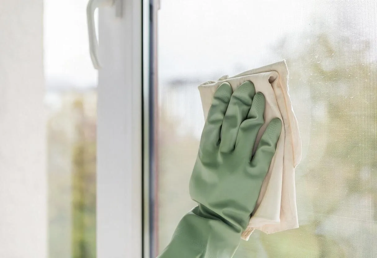 A gloved hand wiping a window pane clean with a cloth